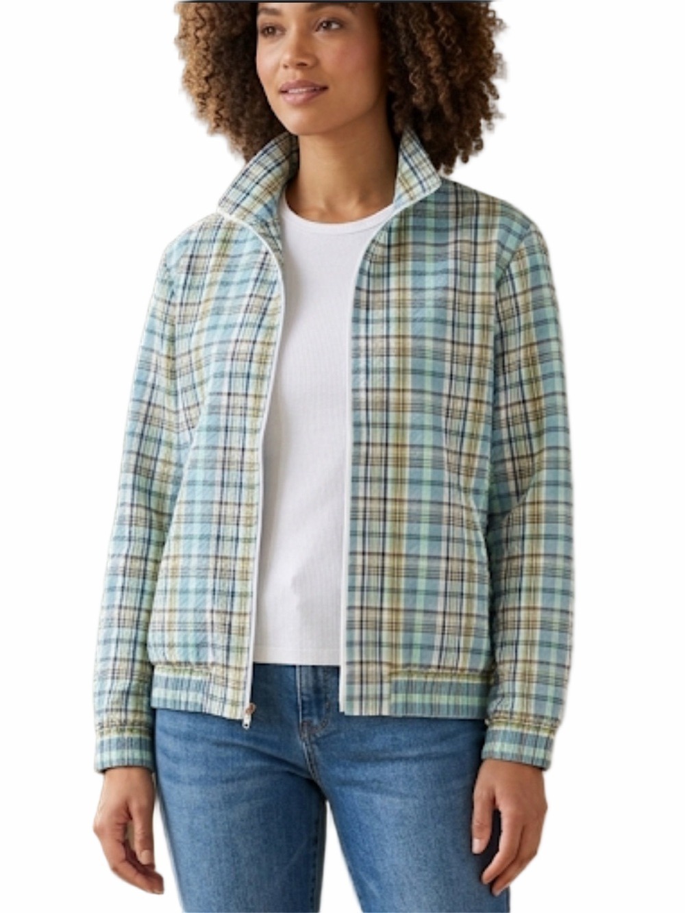 National Vintage Lightweight Blue Green Plaid Zip Front Jacket PXL
